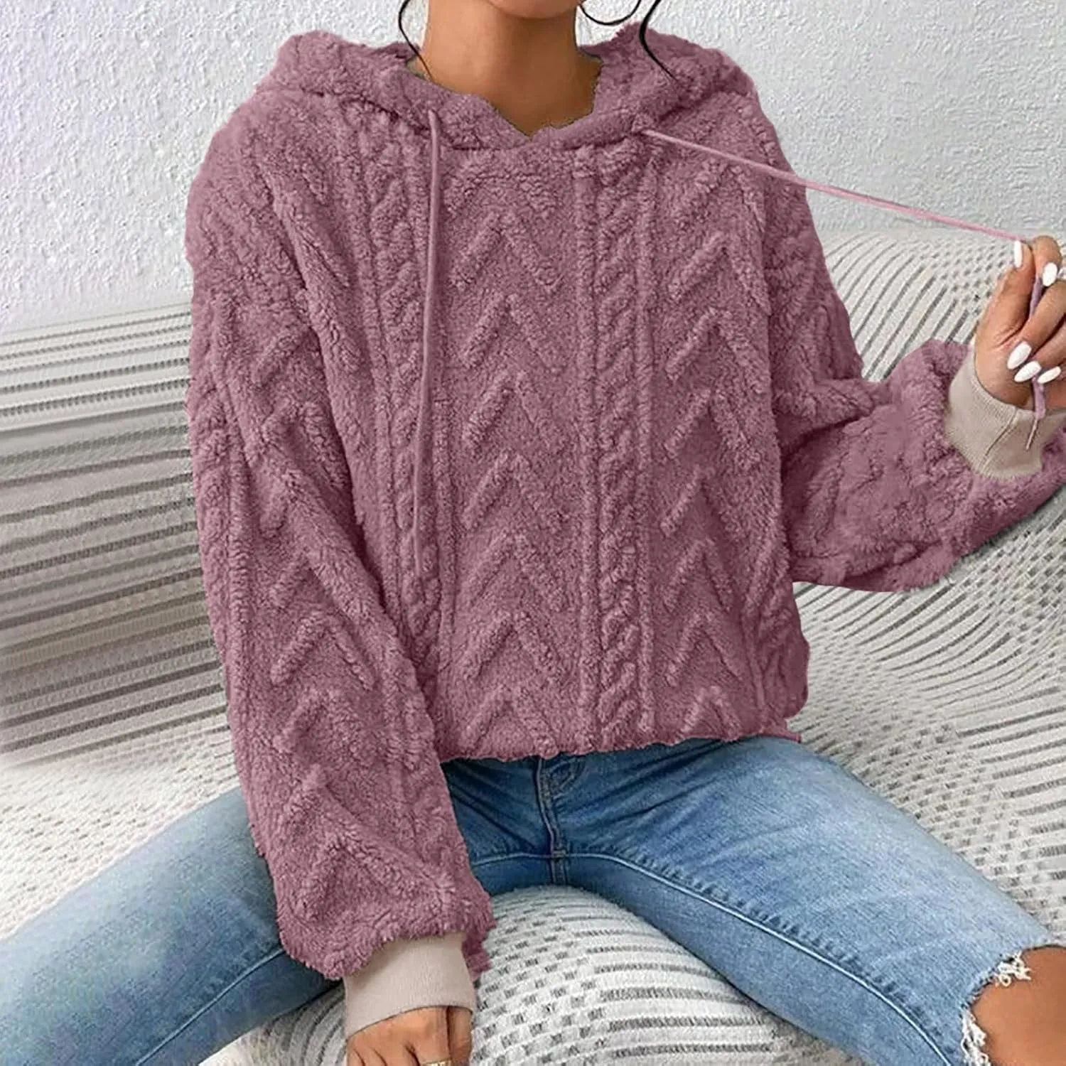 Women’s Slub Knit Full-Zip Hoodie Women's Solid Plush Spliced Women's New Long Sleeve Pullover Fall Outfits with