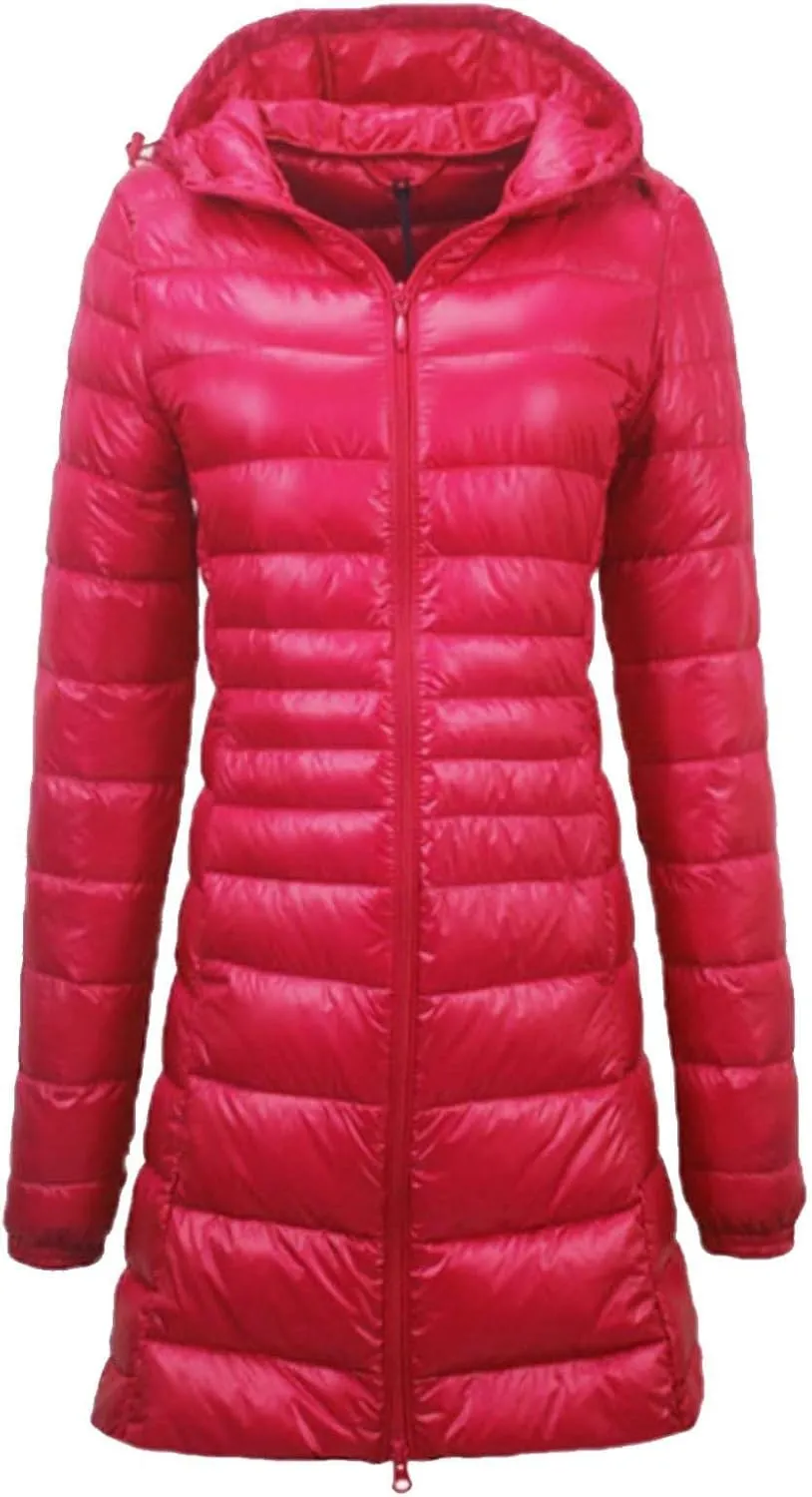 Womens Solid Long Puffer Jacket Fashion Slim Hooded Down Coat Lightweight Packable Long Sleeve Overcoat Daily Outwear