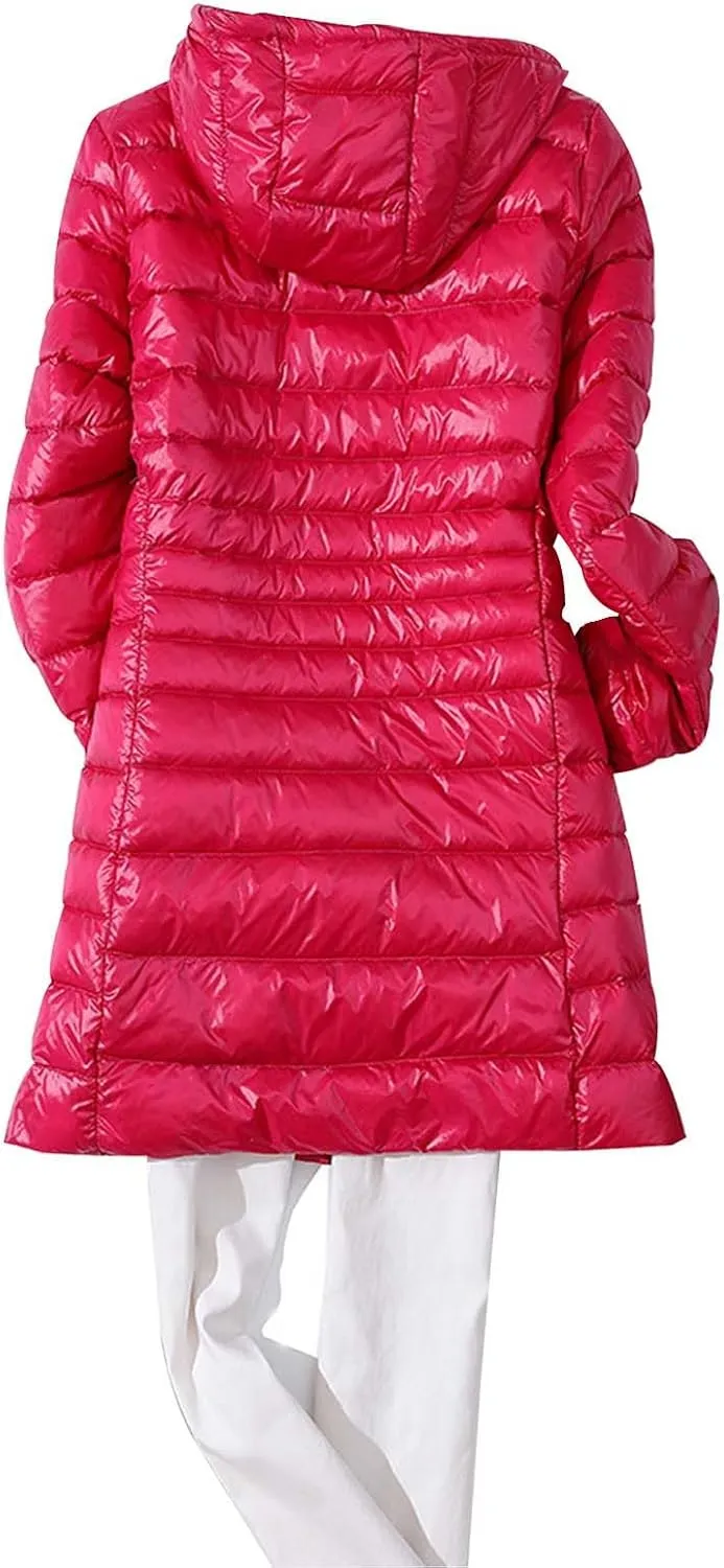 Womens Solid Long Puffer Jacket Fashion Slim Hooded Down Coat Lightweight Packable Long Sleeve Overcoat Daily Outwear