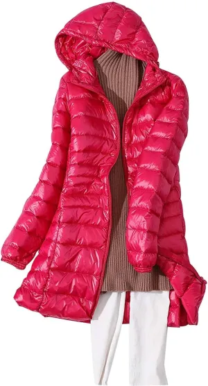 Womens Solid Long Puffer Jacket Fashion Slim Hooded Down Coat Lightweight Packable Long Sleeve Overcoat Daily Outwear