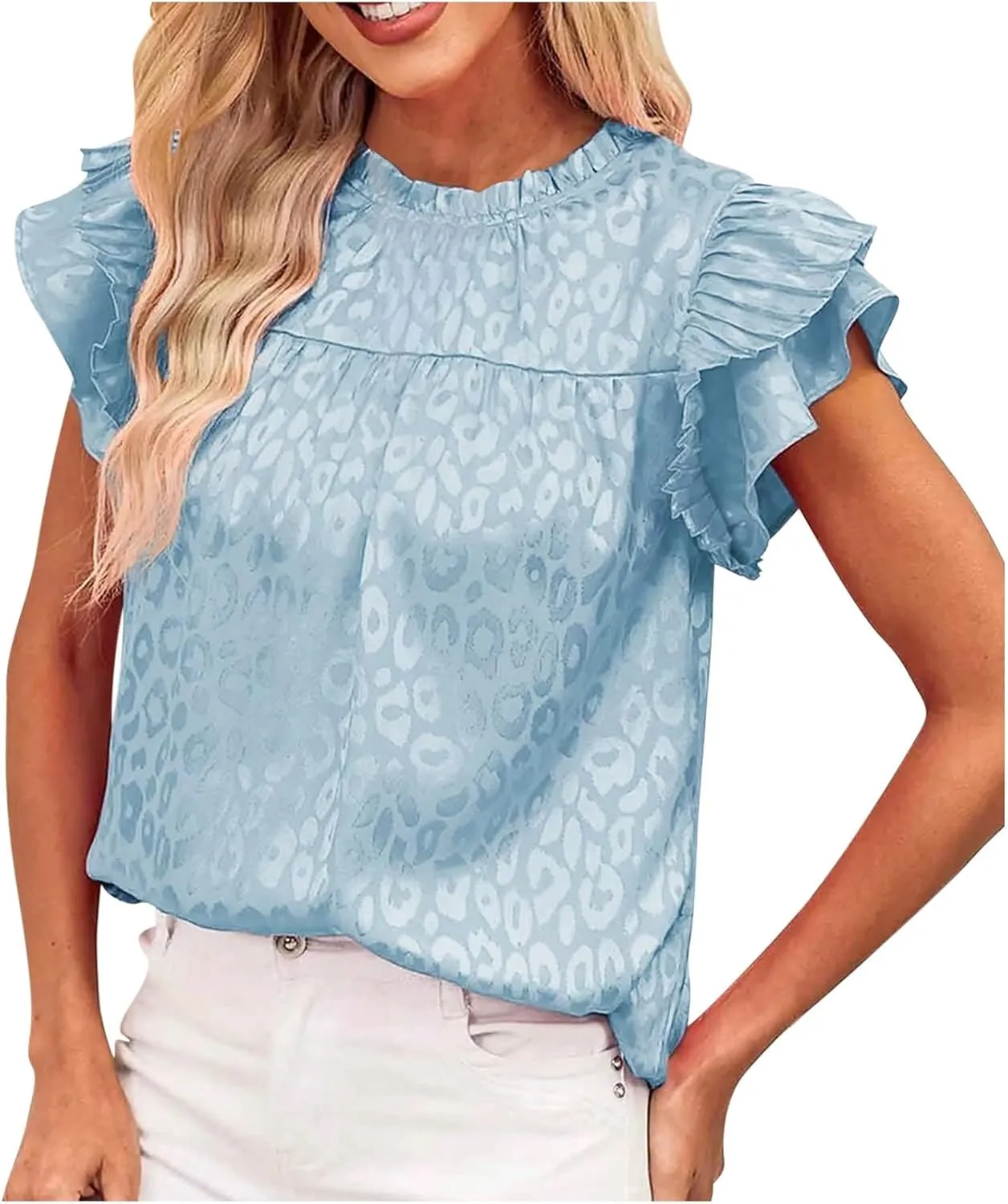 Womens Summer Crewneck Tops Leopard Print Double Ruffle Sleeve Trendy Loose Fit Shirts Casual Everyday Tee Blouses