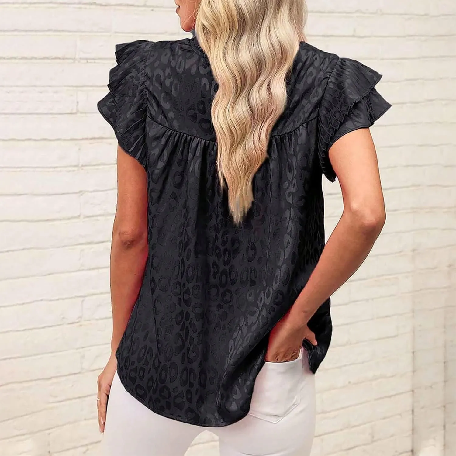 Womens Summer Crewneck Tops Leopard Print Double Ruffle Sleeve Trendy Loose Fit Shirts Casual Everyday Tee Blouses