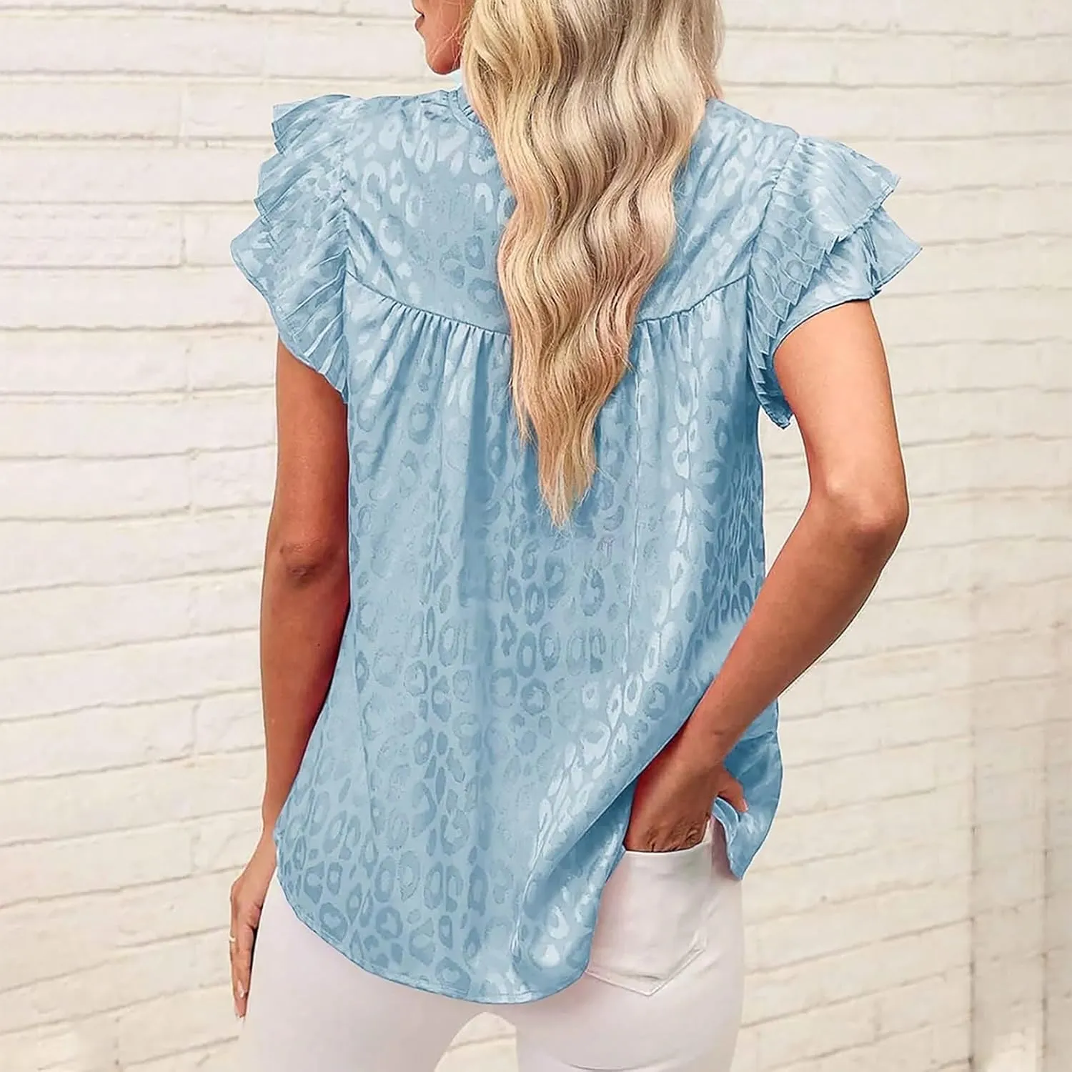 Womens Summer Crewneck Tops Leopard Print Double Ruffle Sleeve Trendy Loose Fit Shirts Casual Everyday Tee Blouses
