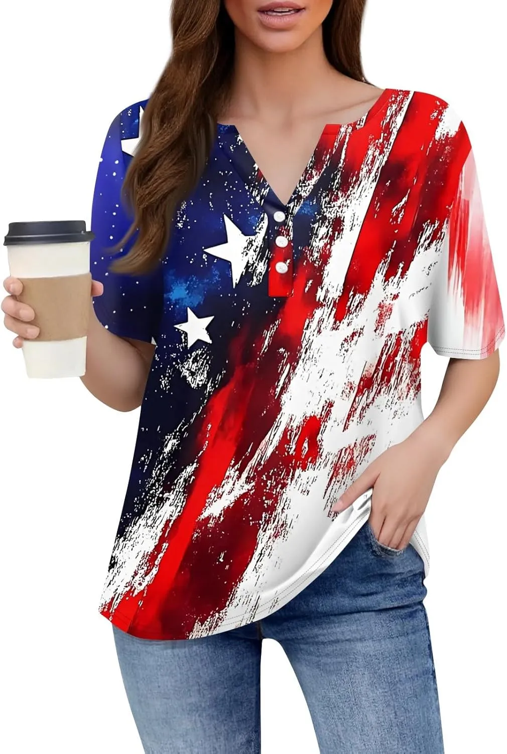 Womens Summer Tops Casual V Neck Star Print Short Sleeve Blouse Summer Fashion Loose Fit Shirts for Everyday Wear