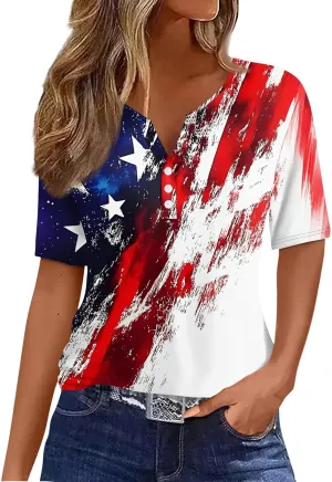Womens Summer Tops Casual V Neck Star Print Short Sleeve Blouse Summer Fashion Loose Fit Shirts for Everyday Wear