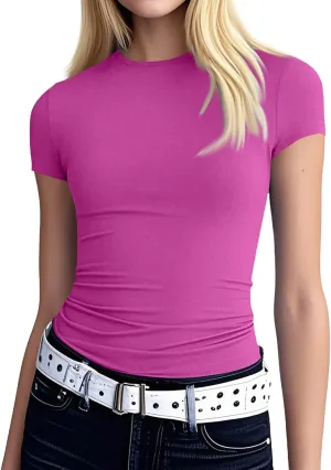 Womens Summer Tops Dressy Plain Tight Tshirts Trendy Turtleneck Short Sleeve Shapewear Everyday Cotton Shirts