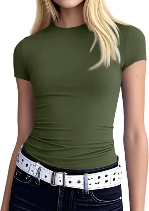 Womens Summer Tops Dressy Plain Tight Tshirts Trendy Turtleneck Short Sleeve Shapewear Everyday Cotton Shirts