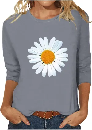Womens Summer Tops Fashion Daisy Print Daily Shirts 3/4 Sleeve Casual Crew Neck T Shirt Dressy Tunic Blouses