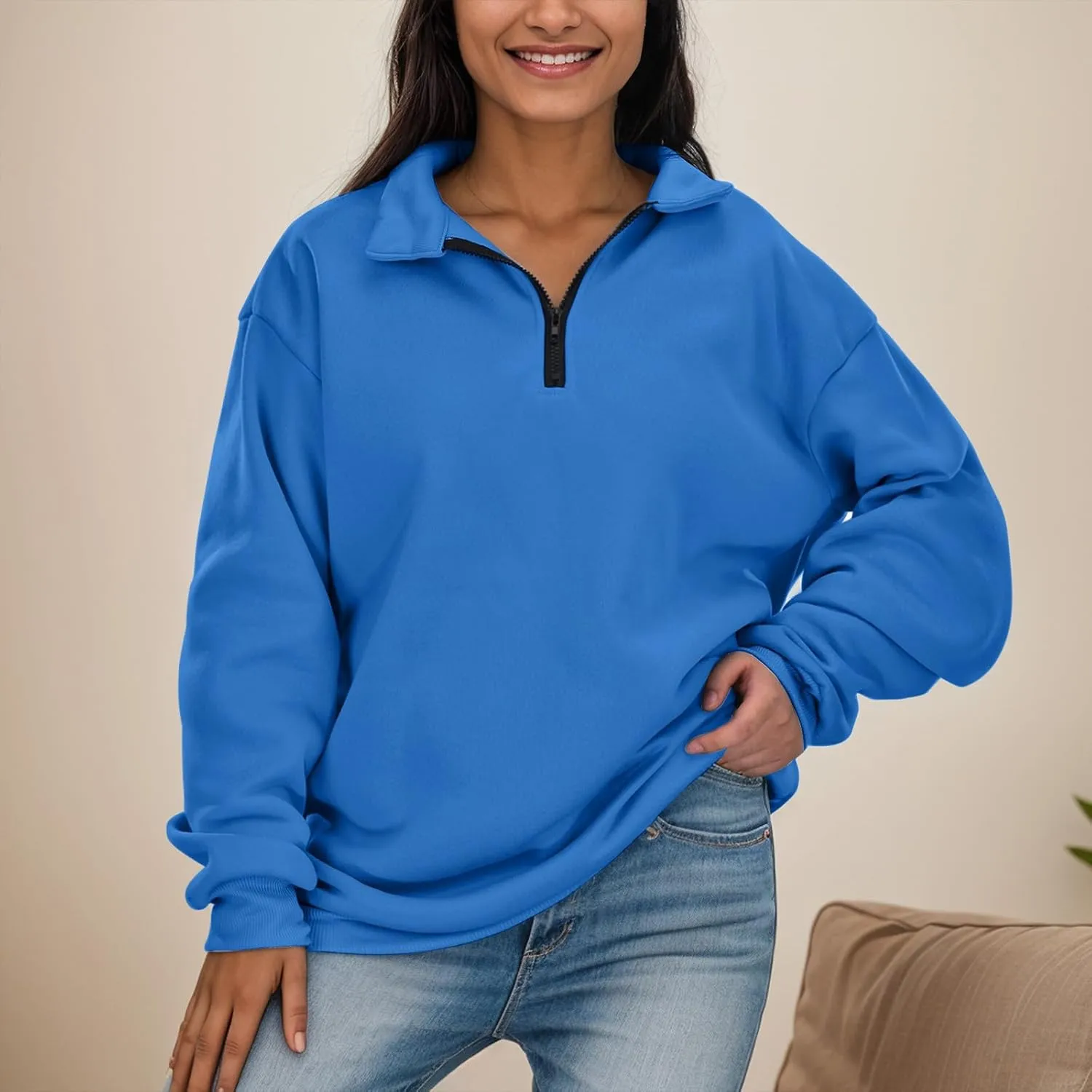 Women's Sweatshirts Casual Long Sleeve Essentials Oversized Pullover Half Zip Tops Preppy Shirt Fashion Clothes
