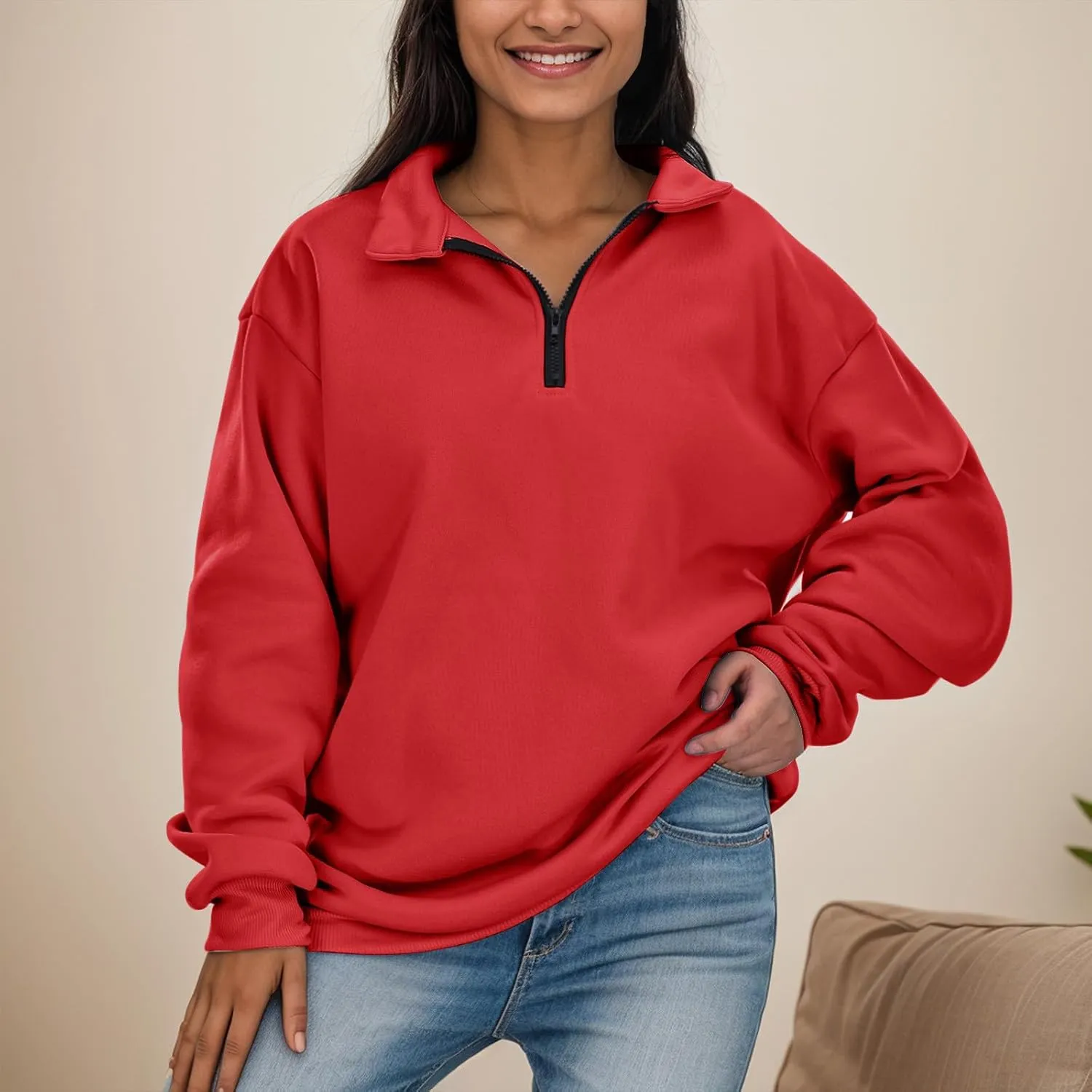 Women's Sweatshirts Casual Long Sleeve Essentials Oversized Pullover Half Zip Tops Preppy Shirt Fashion Clothes
