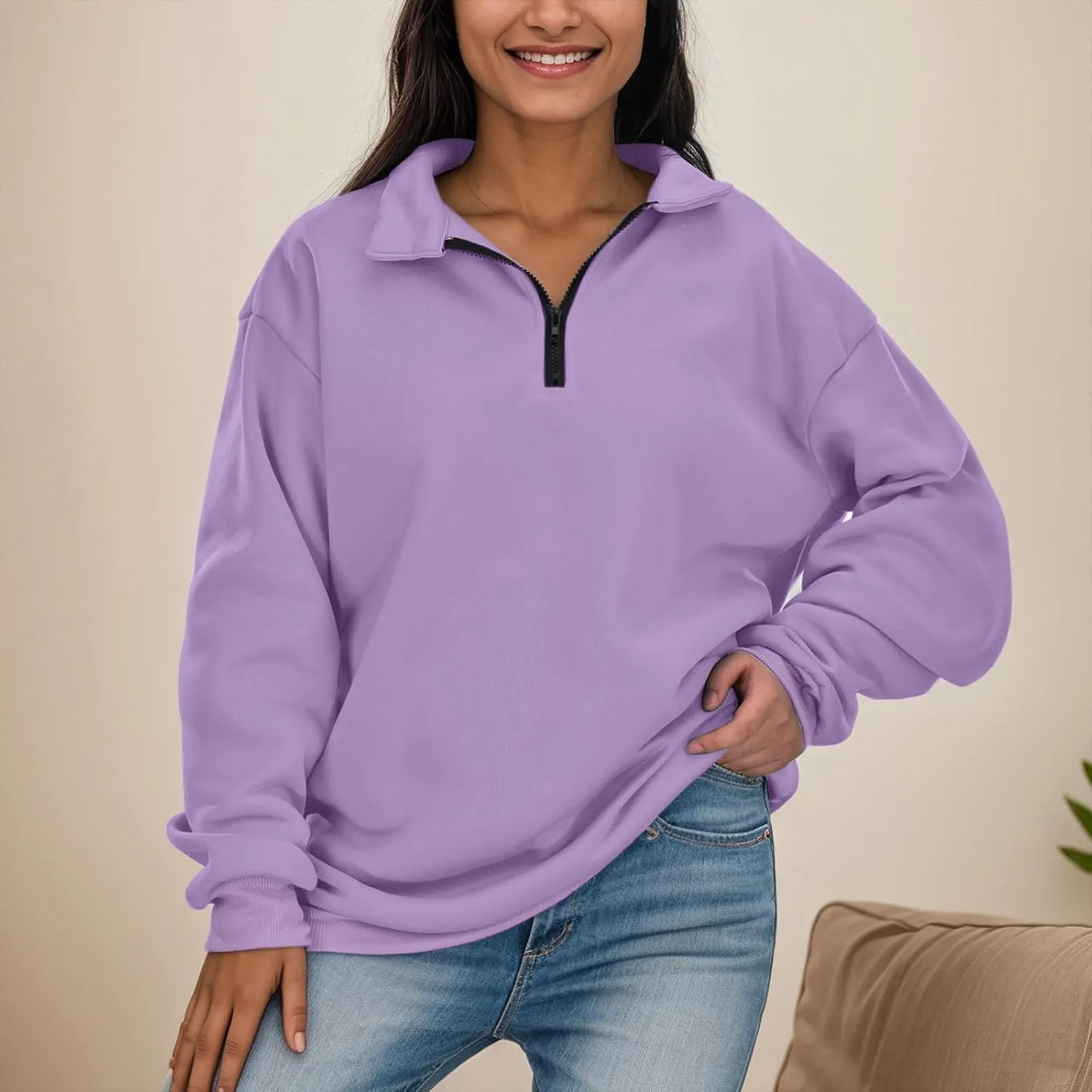 Women's Sweatshirts Casual Long Sleeve Essentials Oversized Pullover Half Zip Tops Preppy Shirt Fashion Clothes