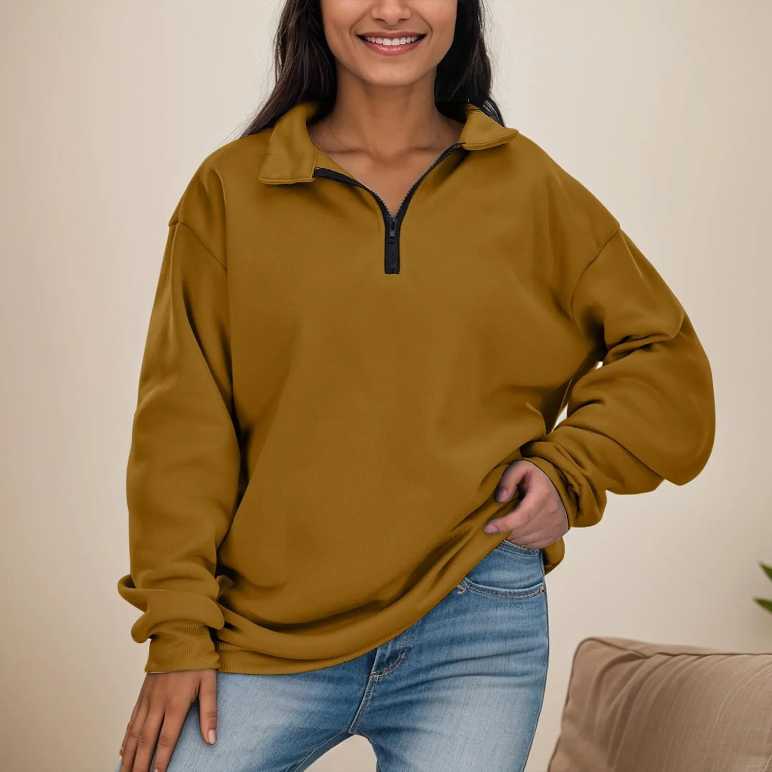 Women's Sweatshirts Casual Long Sleeve Essentials Oversized Pullover Half Zip Tops Preppy Shirt Fashion Clothes