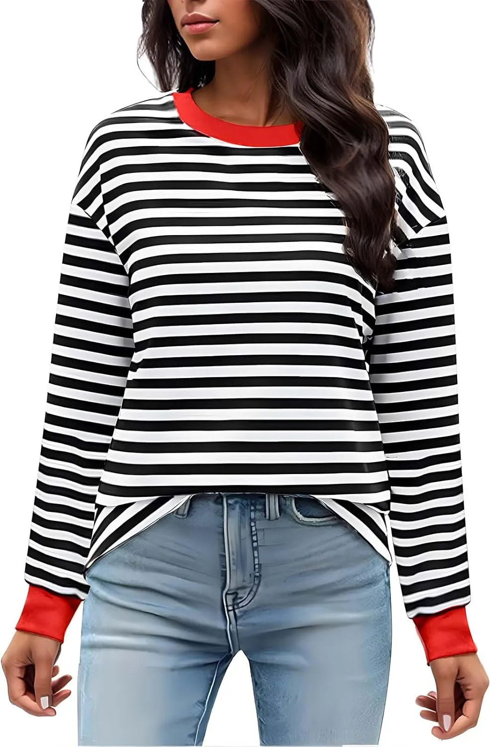Womens Sweatshirts Crew Neck Long Sleeve Striped Colour Block Pullover Sweaters Fleece Casual Fall Trendy Clothes 2024
