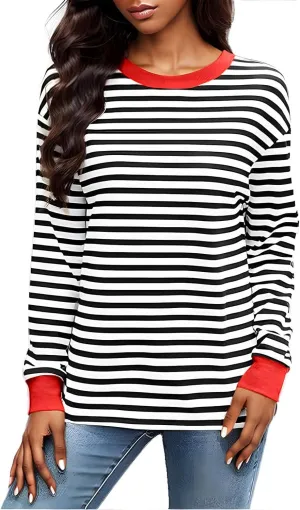 Womens Sweatshirts Crew Neck Long Sleeve Striped Colour Block Pullover Sweaters Fleece Casual Fall Trendy Clothes 2024