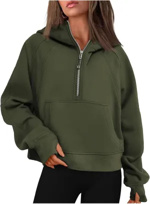 Womens Sweatshirts Half Zip Cropped Pullover Fleece Quarter Zipper Hoodies Spring Outfits Clothes Thumb Hole