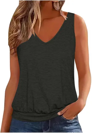 Womens Tank Tops with Banded Bottom Loose V Neck Sleeveless Summer Tees Shirt 2024 Trendy Workout Everyday Blouses