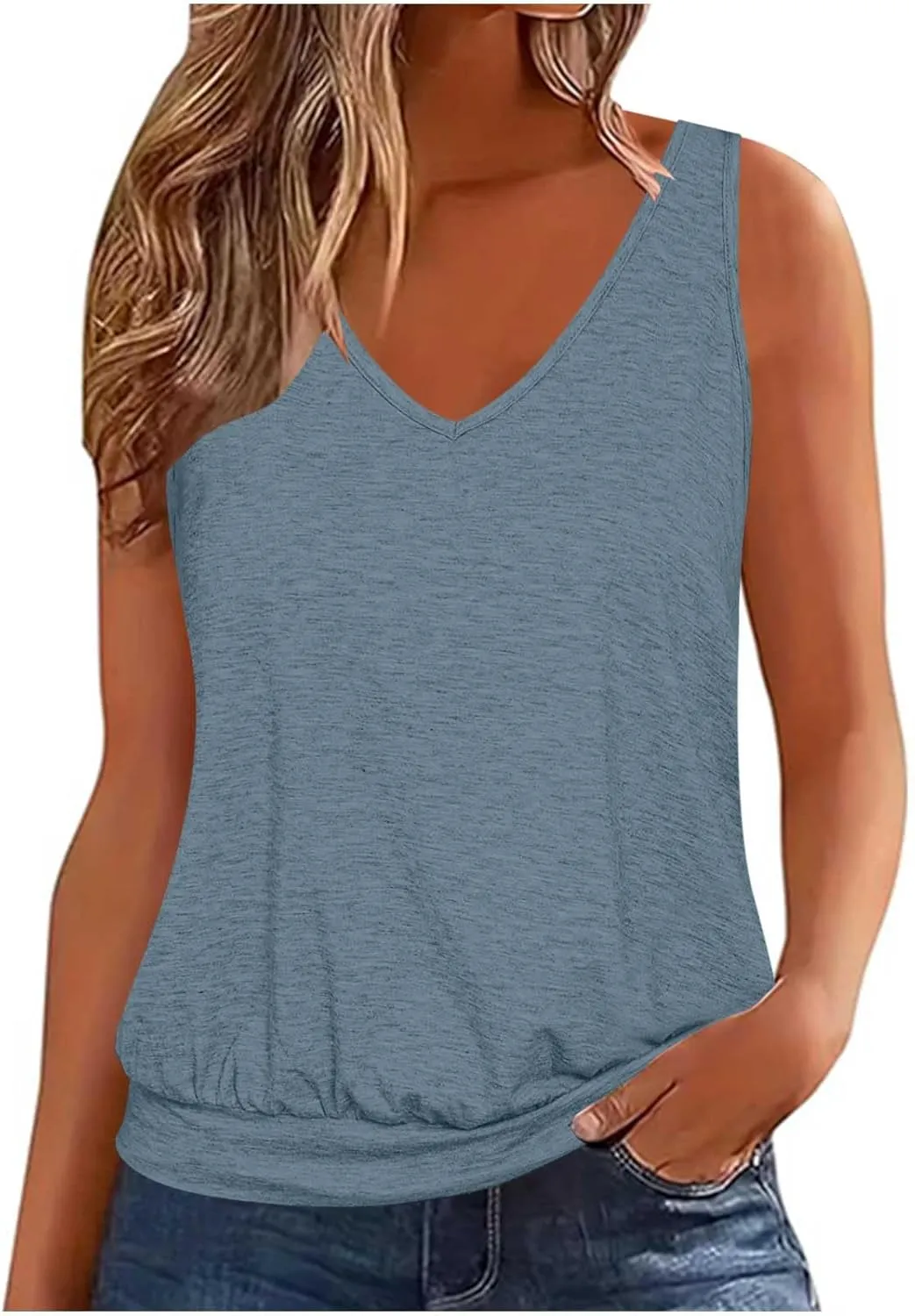Womens Tank Tops with Banded Bottom Loose V Neck Sleeveless Summer Tees Shirt 2024 Trendy Workout Everyday Blouses