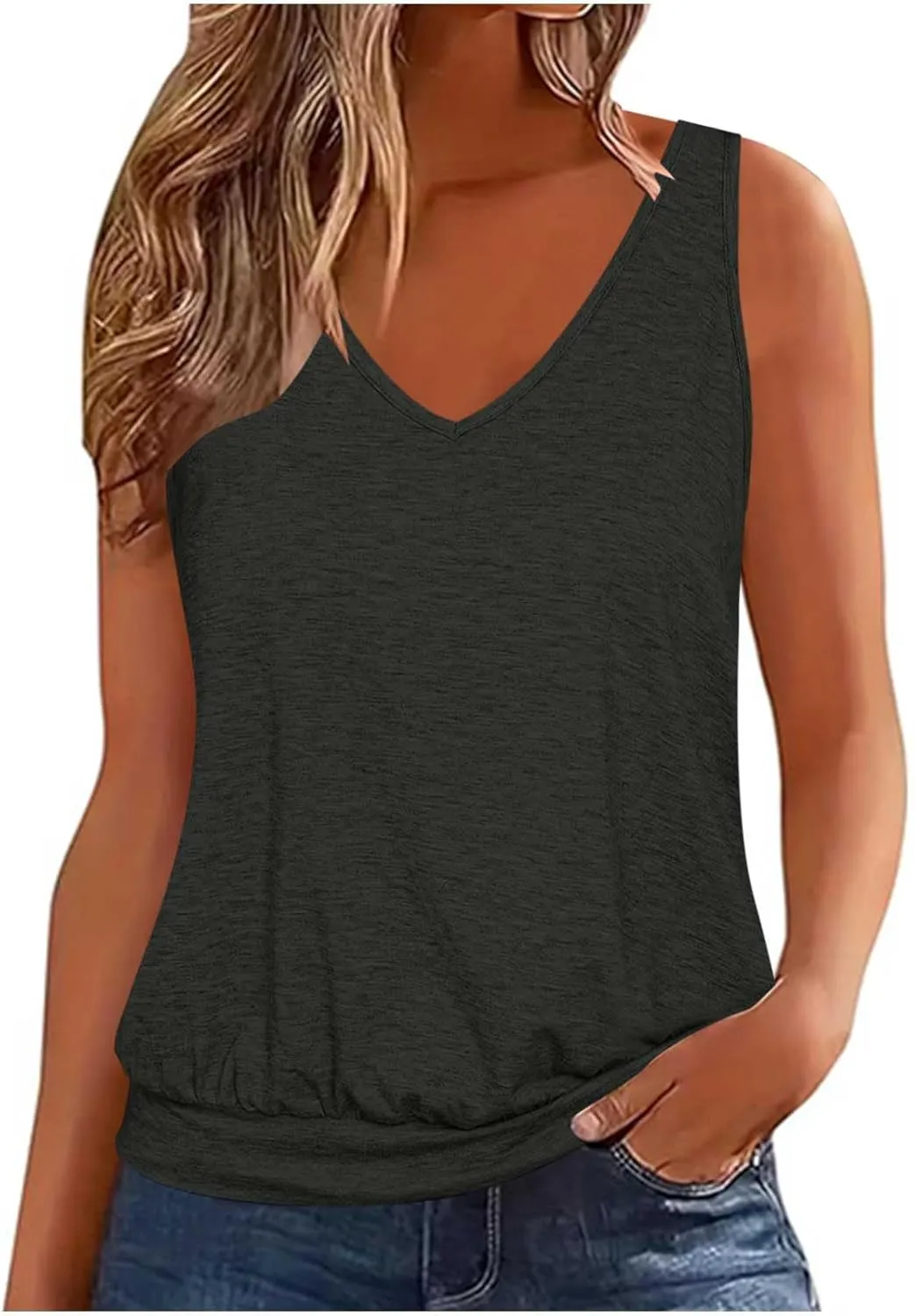 Womens Tank Tops with Banded Bottom Loose V Neck Sleeveless Summer Tees Shirt 2024 Trendy Workout Everyday Blouses