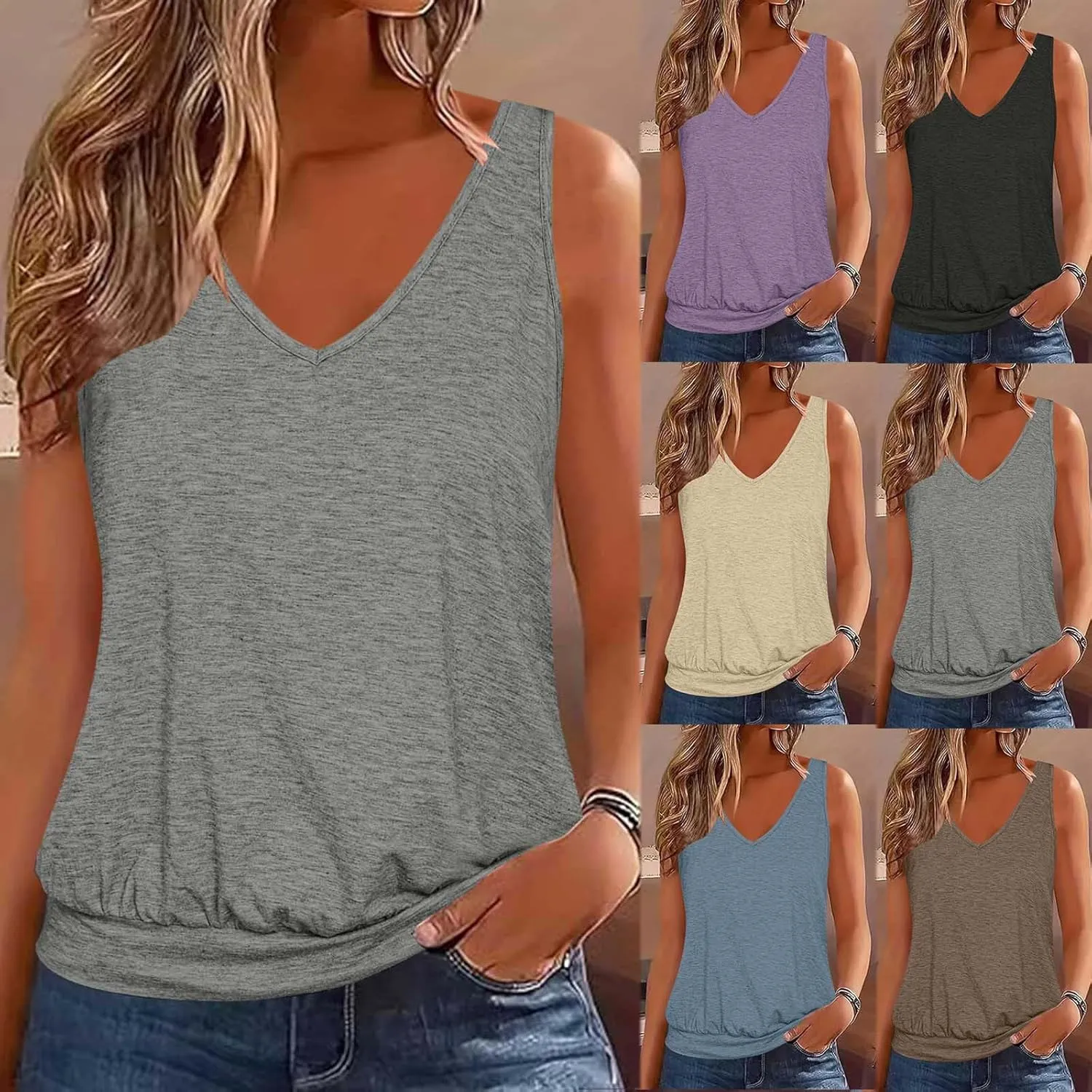Womens Tank Tops with Banded Bottom Loose V Neck Sleeveless Summer Tees Shirt 2024 Trendy Workout Everyday Blouses