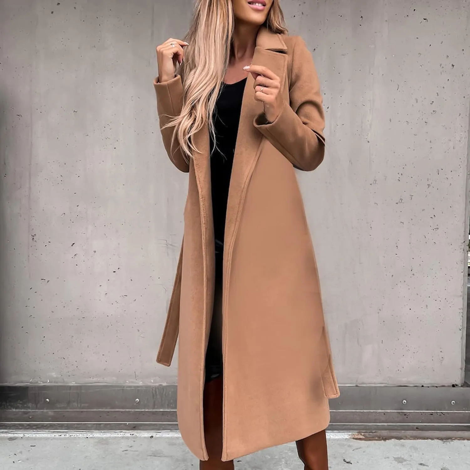 Womens Trench Coat Wool Blend Winter Coat Notched Lapel Oversized Open Front Long Pea Coats Thicken Jacket