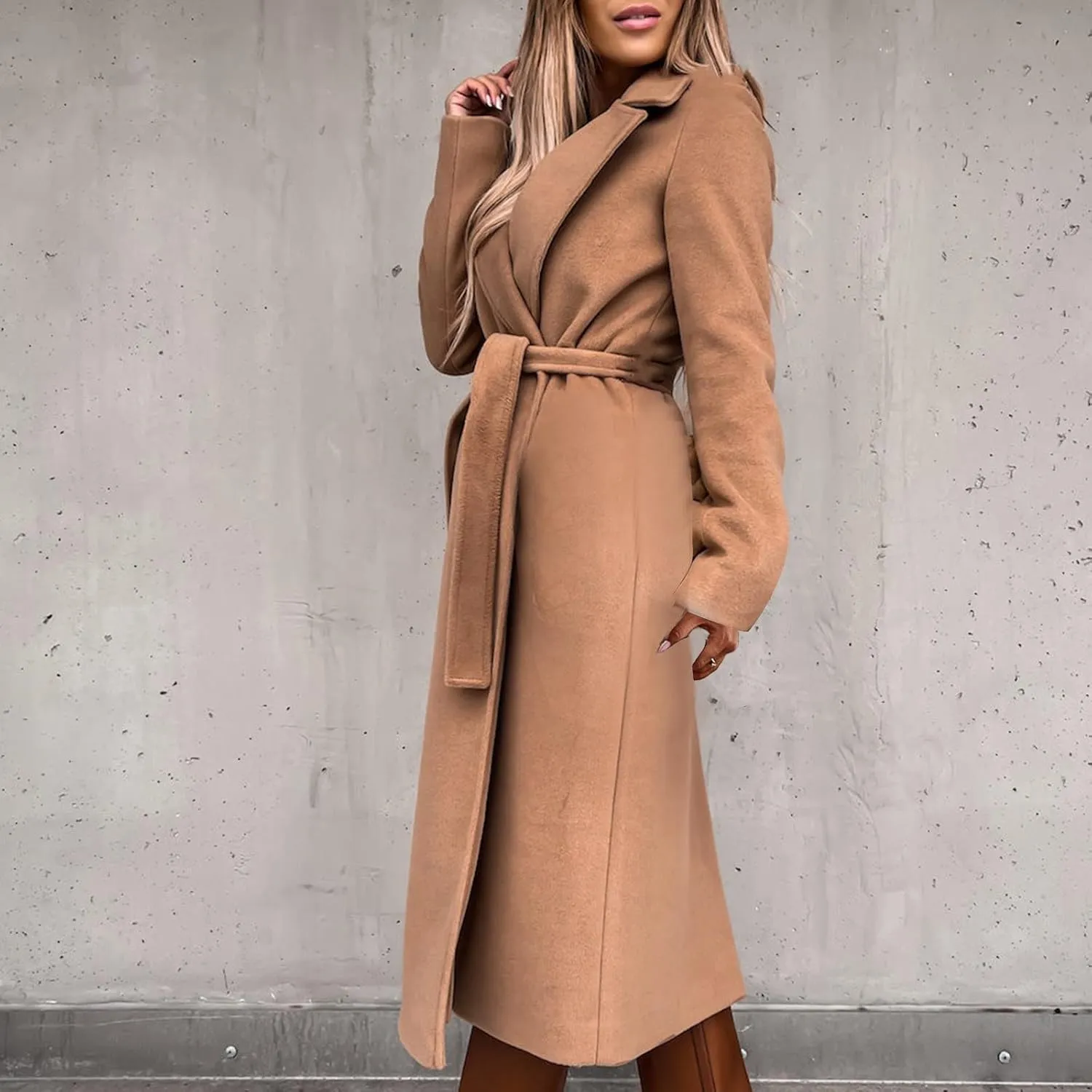 Womens Trench Coat Wool Blend Winter Coat Notched Lapel Oversized Open Front Long Pea Coats Thicken Jacket