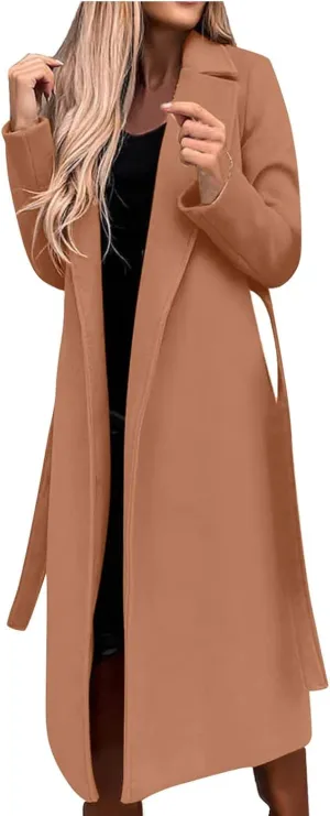 Womens Trench Coat Wool Blend Winter Coat Notched Lapel Oversized Open Front Long Pea Coats Thicken Jacket