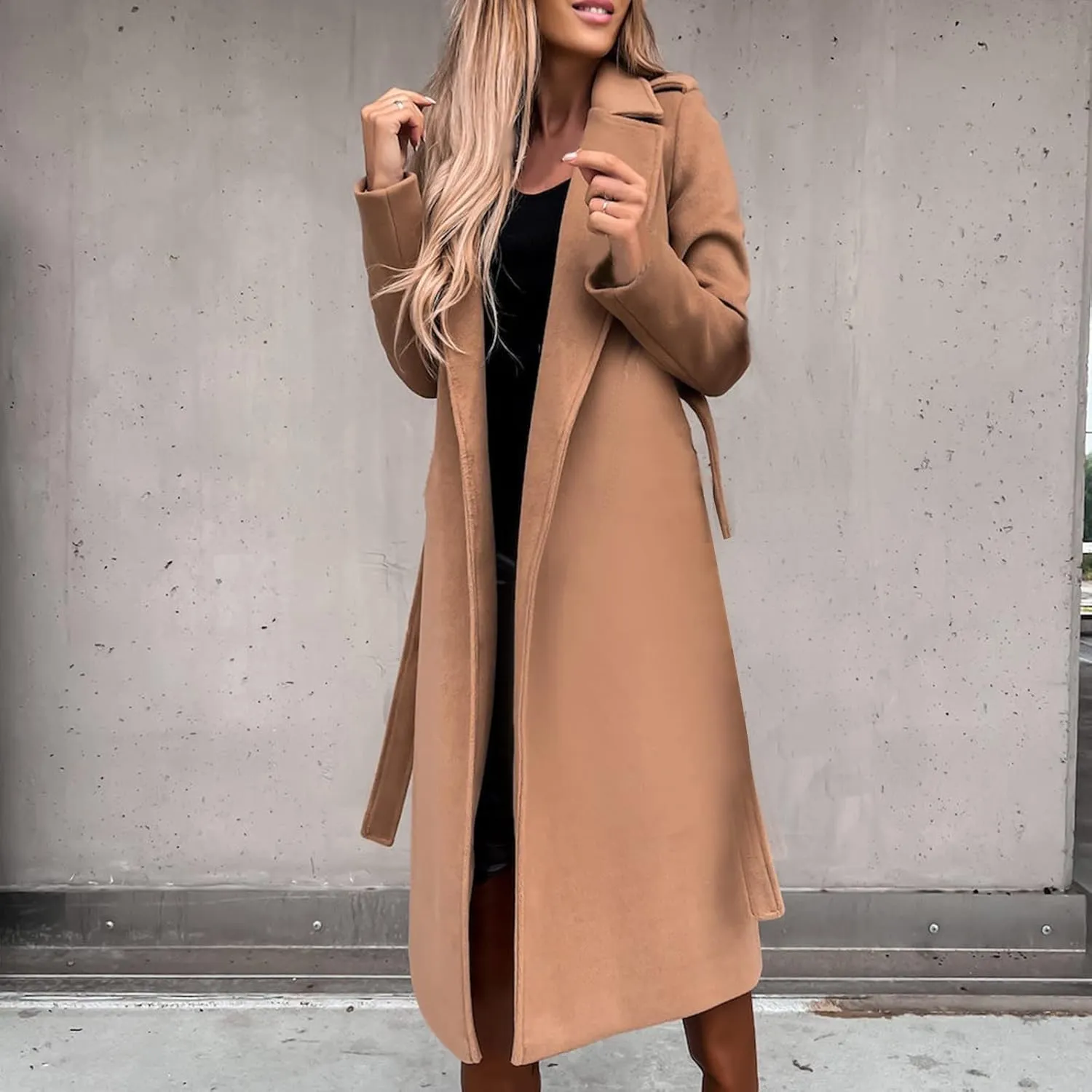 Womens Trench Coat Wool Blend Winter Coat Notched Lapel Oversized Open Front Long Pea Coats Thicken Jacket