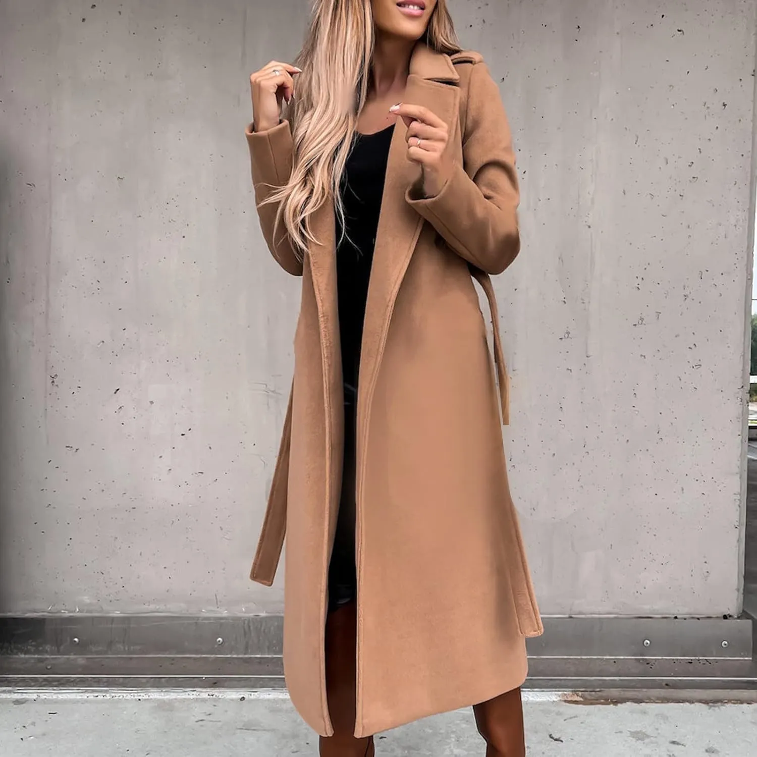 Womens Trench Coat Wool Blend Winter Coat Notched Lapel Oversized Open Front Long Pea Coats Thicken Jacket