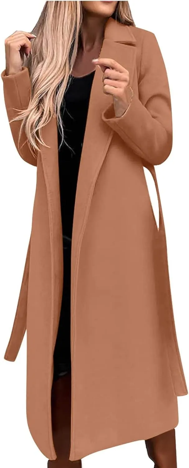 Womens Trench Coat Wool Blend Winter Coat Notched Lapel Oversized Open Front Long Pea Coats Thicken Jacket
