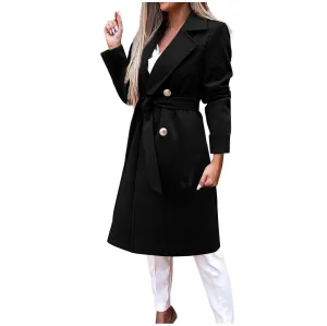 Women's Trench Coats Double Breasted Woolen Blend Pea Coats Elegant Long Belted Overcoat Winter Coat Office Cardigan