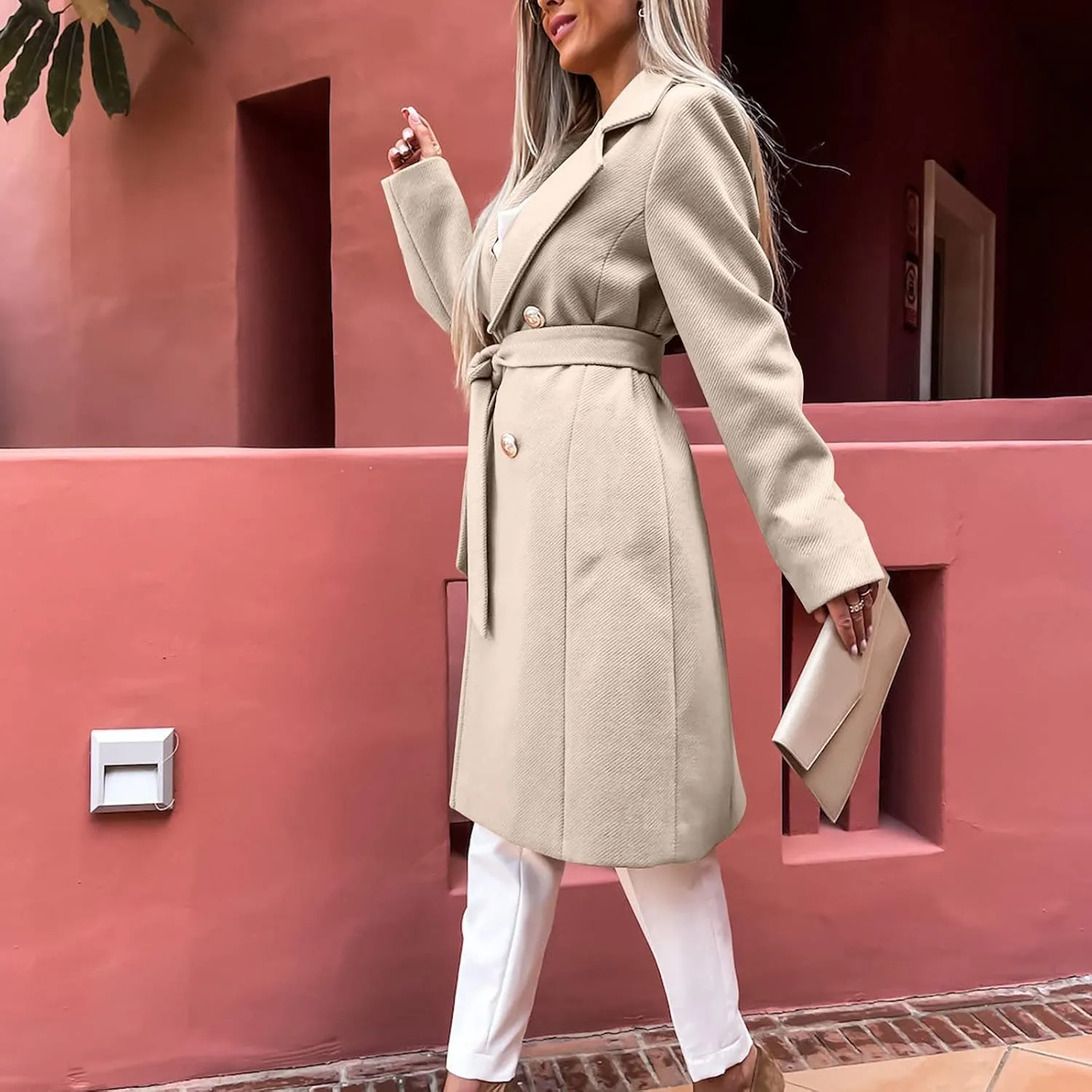 Women's Trench Coats Double Breasted Woolen Blend Pea Coats Elegant Long Belted Overcoat Winter Coat Office Cardigan