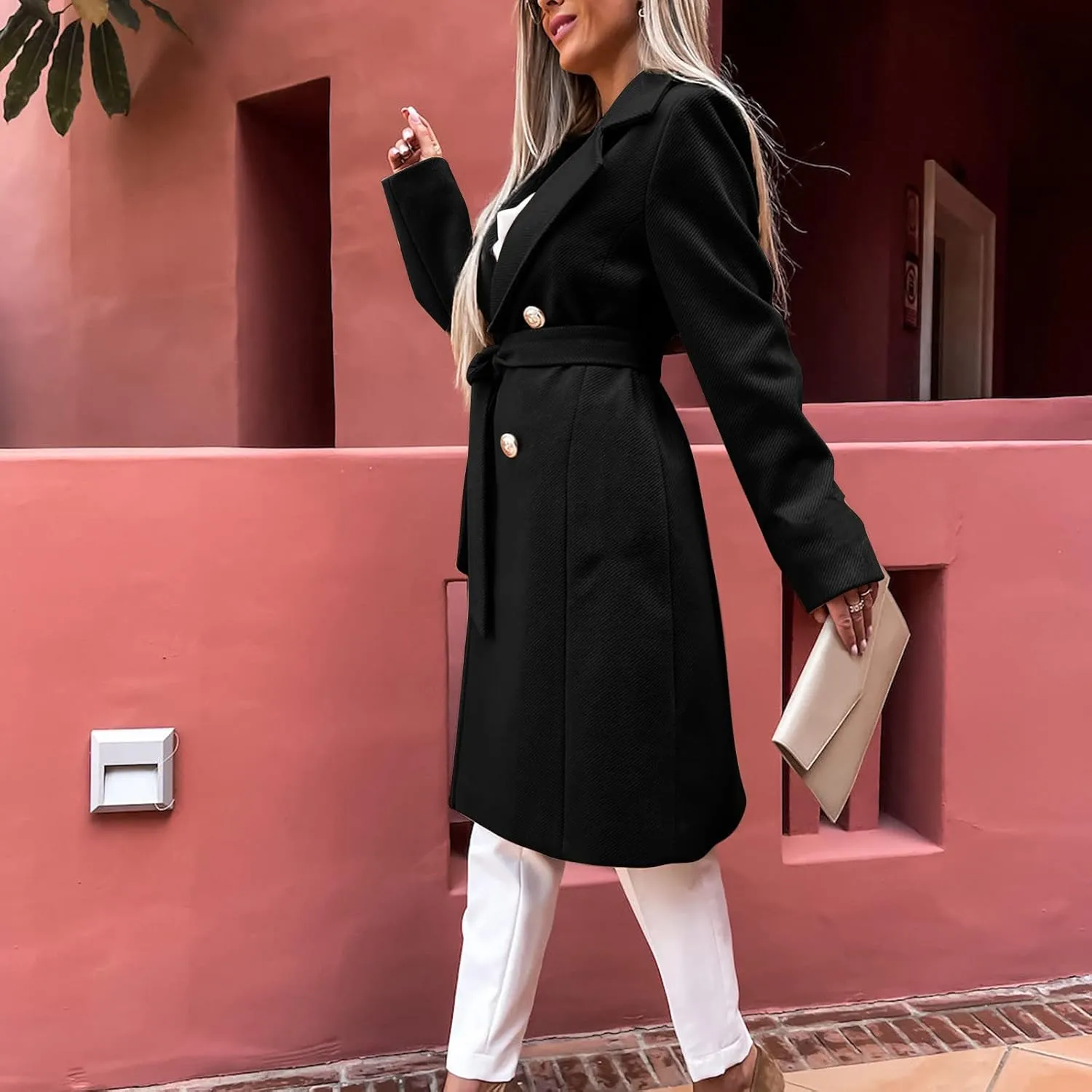 Women's Trench Coats Double Breasted Woolen Blend Pea Coats Elegant Long Belted Overcoat Winter Coat Office Cardigan
