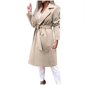 Women's Trench Coats Double Breasted Woolen Blend Pea Coats Elegant Long Belted Overcoat Winter Coat Office Cardigan