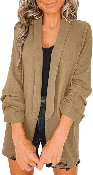 Womens Vintage Solid Length Cardigans Long Sleeve Lapel Blazers Casual Loose Oversized Jackets Work Business Clothes