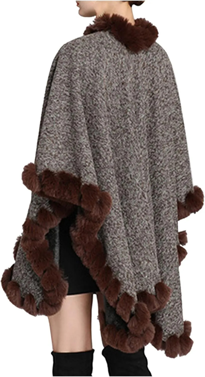 Women's Warm Faux Fur Trim Layer Cardigan Cloak Shawl Wraps Coat Cold Weather Shawls Oversized Cape