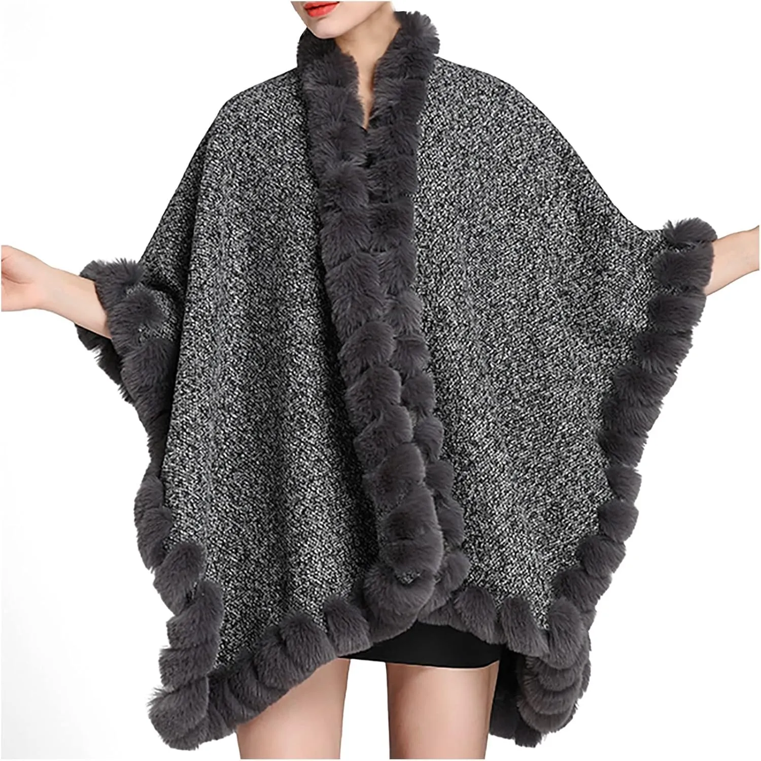 Women's Warm Faux Fur Trim Layer Cardigan Cloak Shawl Wraps Coat Cold Weather Shawls Oversized Cape
