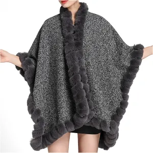 Women's Warm Faux Fur Trim Layer Cardigan Cloak Shawl Wraps Coat Cold Weather Shawls Oversized Cape