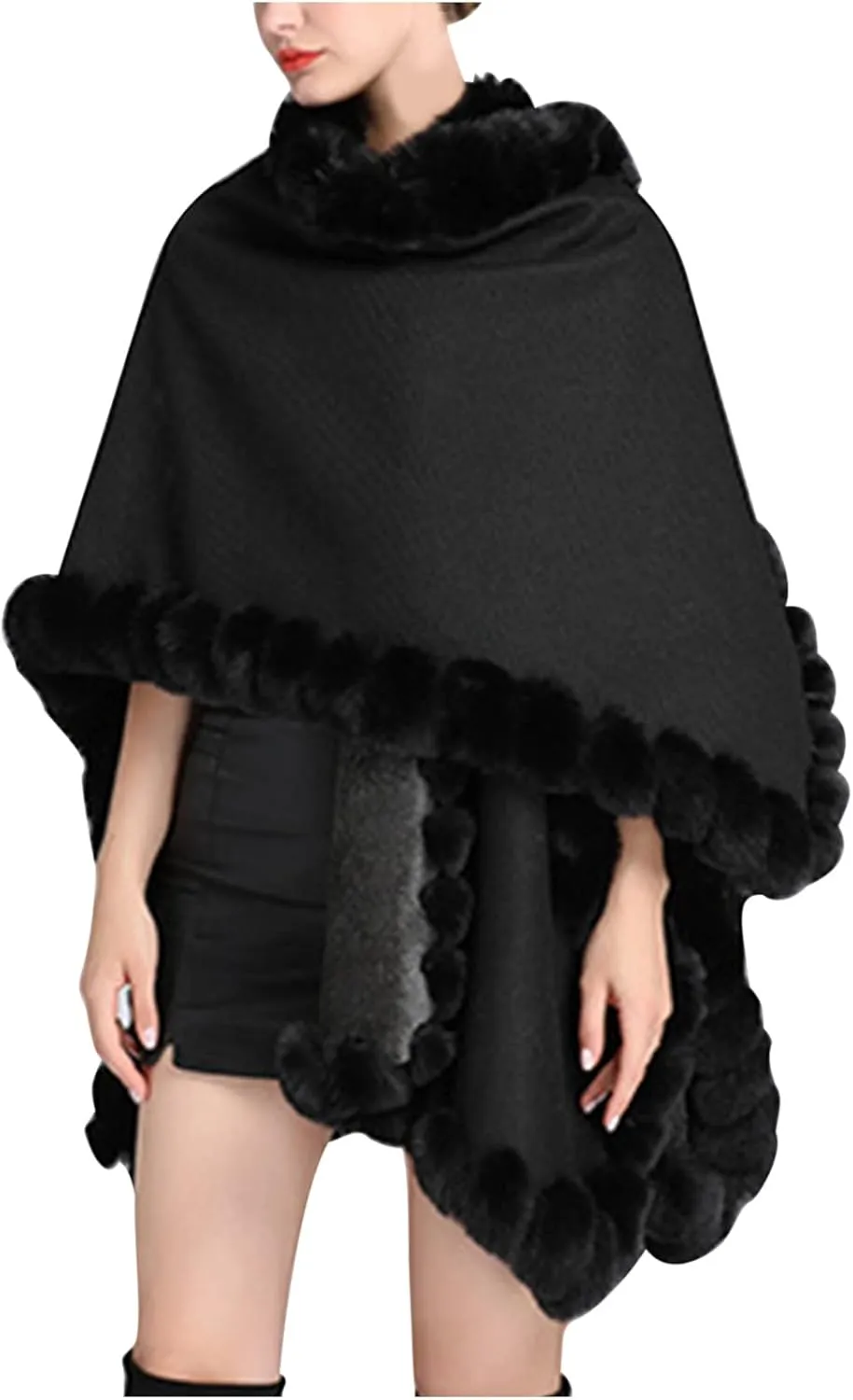 Women's Warm Faux Fur Trim Layer Cardigan Cloak Shawl Wraps Coat Cold Weather Shawls Oversized Cape