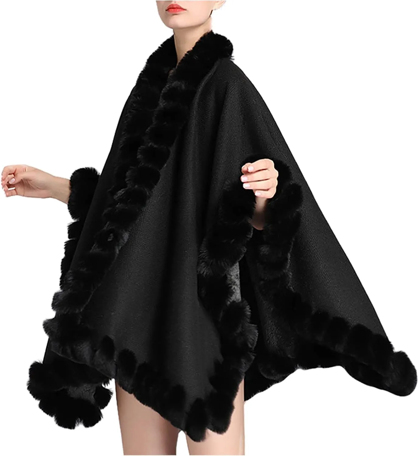Women's Warm Faux Fur Trim Layer Cardigan Cloak Shawl Wraps Coat Cold Weather Shawls Oversized Cape