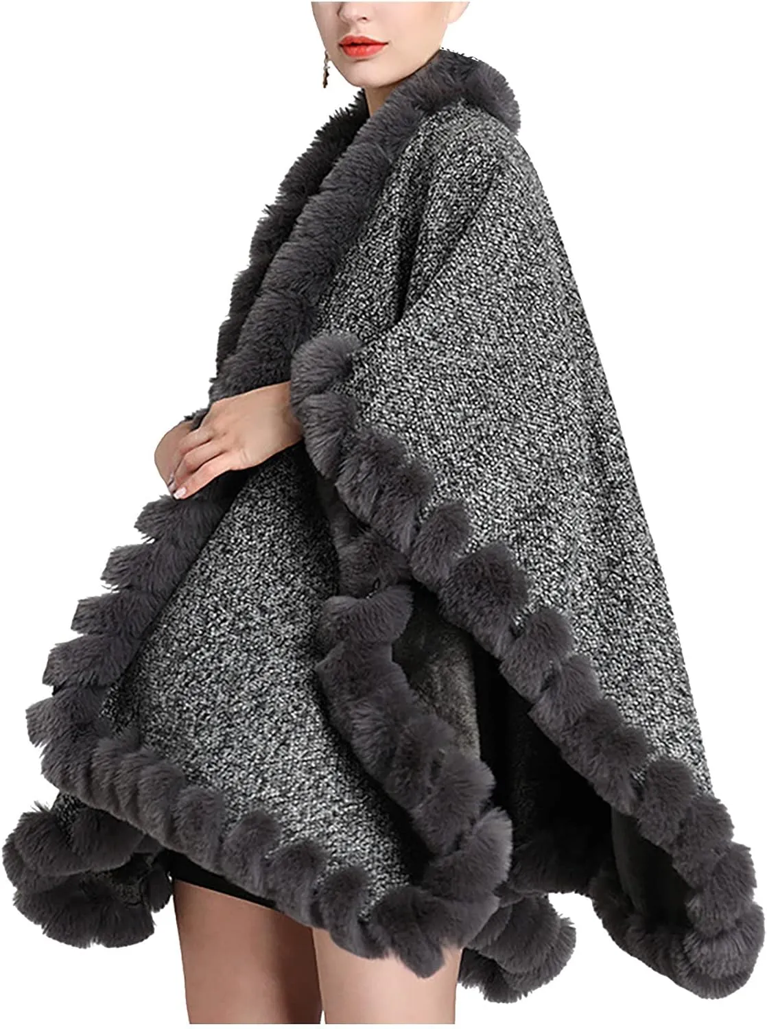 Women's Warm Faux Fur Trim Layer Cardigan Cloak Shawl Wraps Coat Cold Weather Shawls Oversized Cape