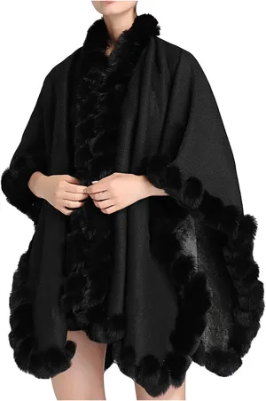 Women's Warm Faux Fur Trim Layer Cardigan Cloak Shawl Wraps Coat Cold Weather Shawls Oversized Cape