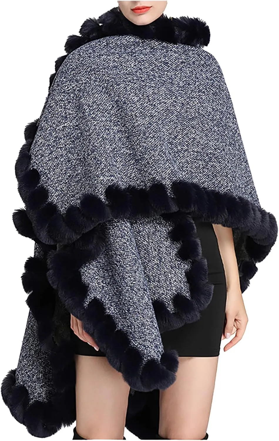 Women's Warm Faux Fur Trim Layer Cardigan Cloak Shawl Wraps Coat Cold Weather Shawls Oversized Cape