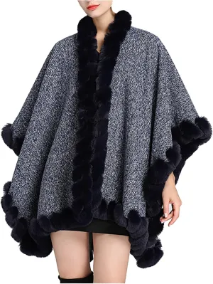 Women's Warm Faux Fur Trim Layer Cardigan Cloak Shawl Wraps Coat Cold Weather Shawls Oversized Cape