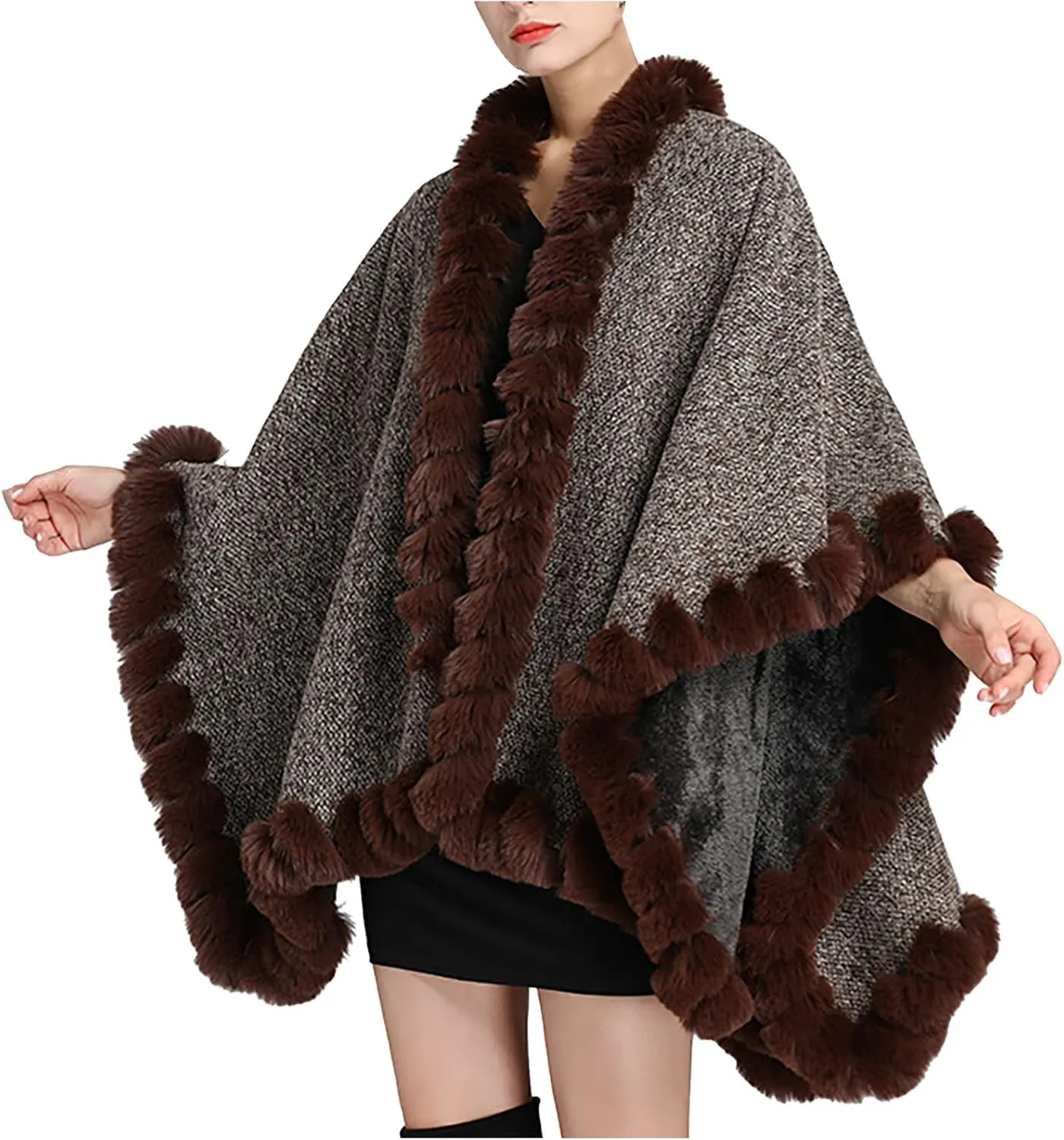 Women's Warm Faux Fur Trim Layer Cardigan Cloak Shawl Wraps Coat Cold Weather Shawls Oversized Cape