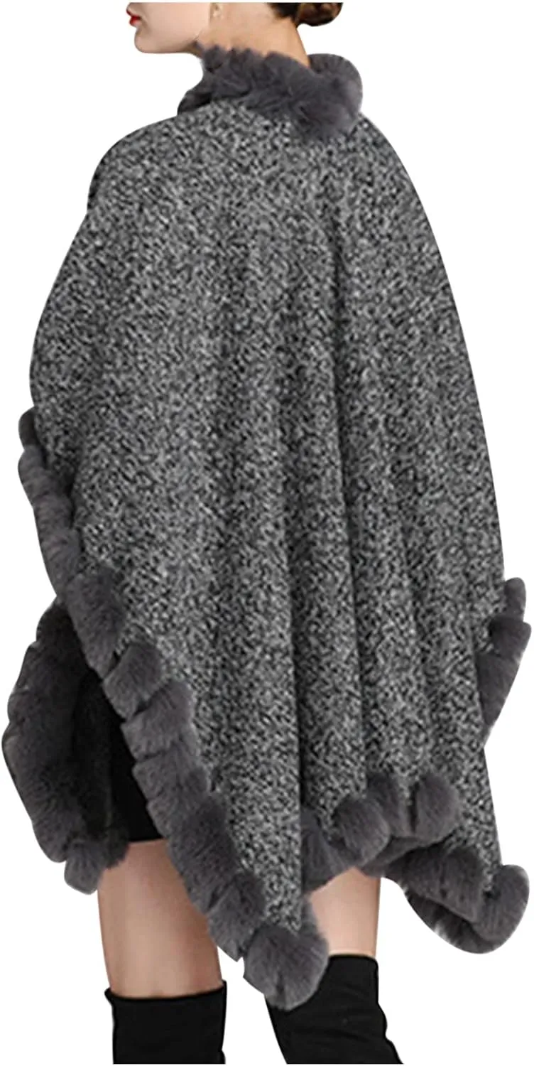 Women's Warm Faux Fur Trim Layer Cardigan Cloak Shawl Wraps Coat Cold Weather Shawls Oversized Cape