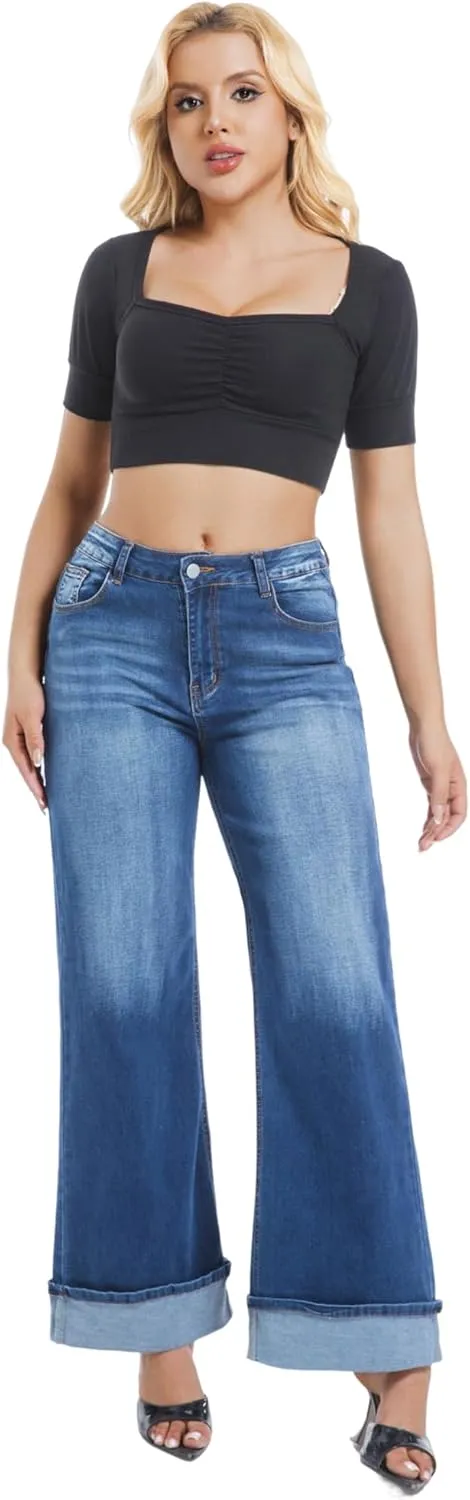 Women's Wide Leg Cuffed Jeans High Waisted Stretchy Casual Comfort Fit Denim Pants