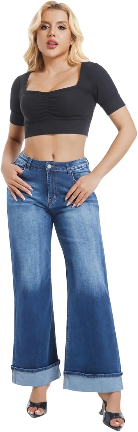 Women's Wide Leg Cuffed Jeans High Waisted Stretchy Casual Comfort Fit Denim Pants