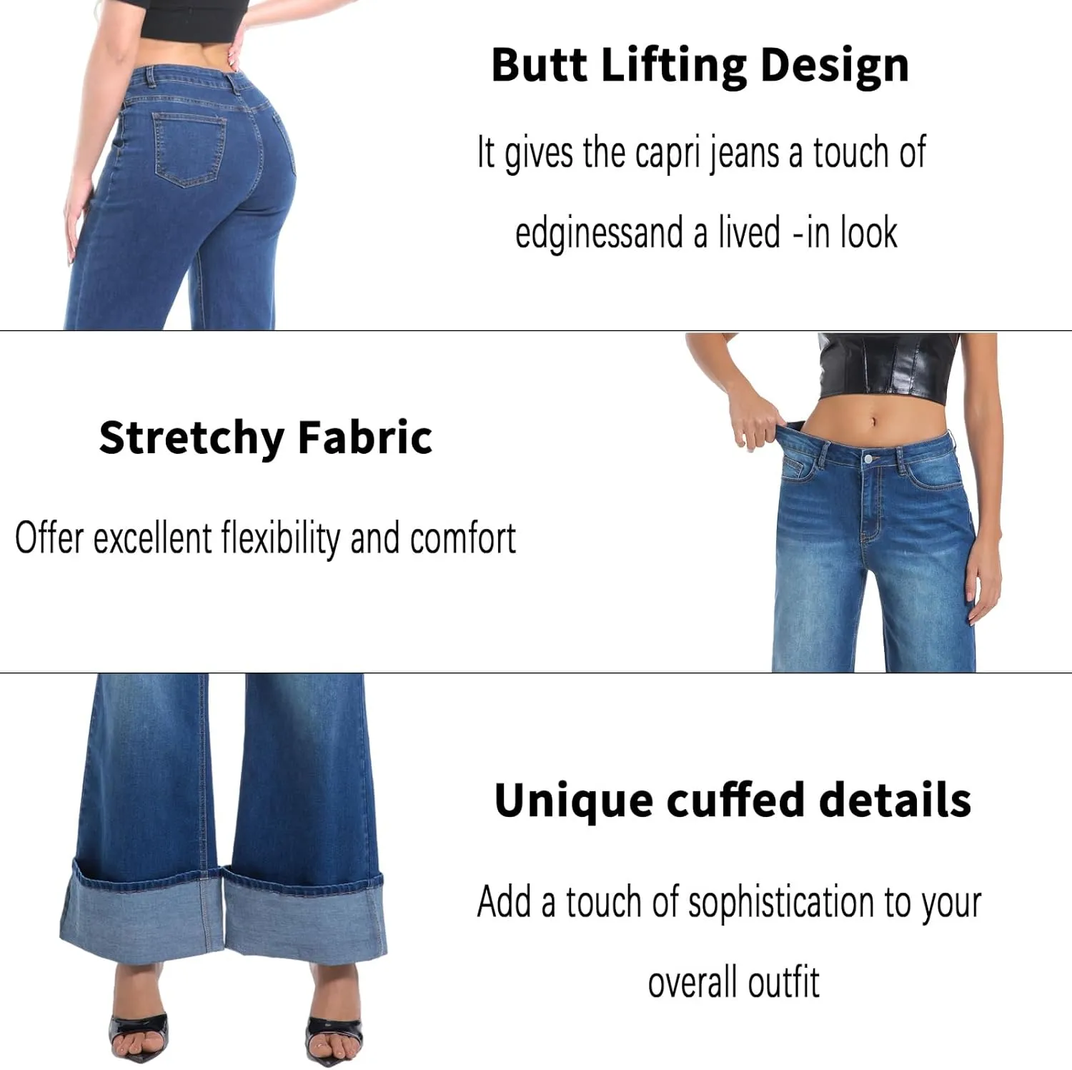 Women's Wide Leg Cuffed Jeans High Waisted Stretchy Casual Comfort Fit Denim Pants