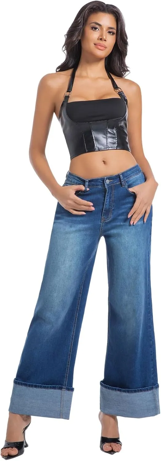 Women's Wide Leg Cuffed Jeans High Waisted Stretchy Casual Comfort Fit Denim Pants