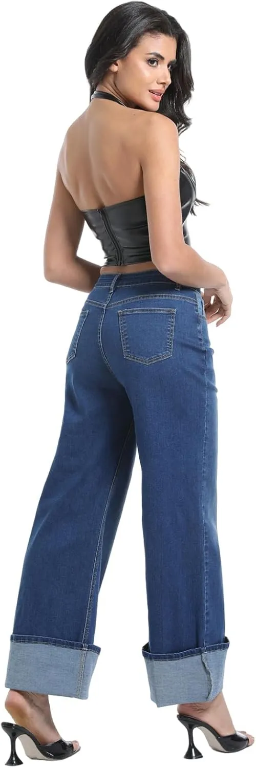 Women's Wide Leg Cuffed Jeans High Waisted Stretchy Casual Comfort Fit Denim Pants